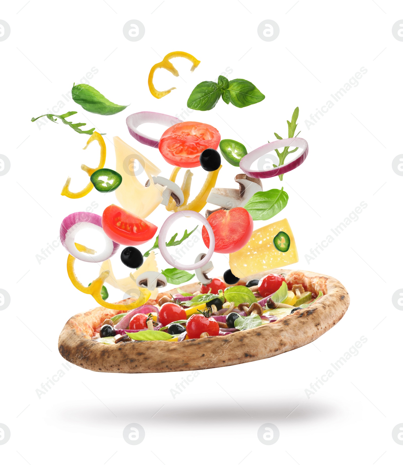 Image of Delicious pizza with flying ingredients on white background