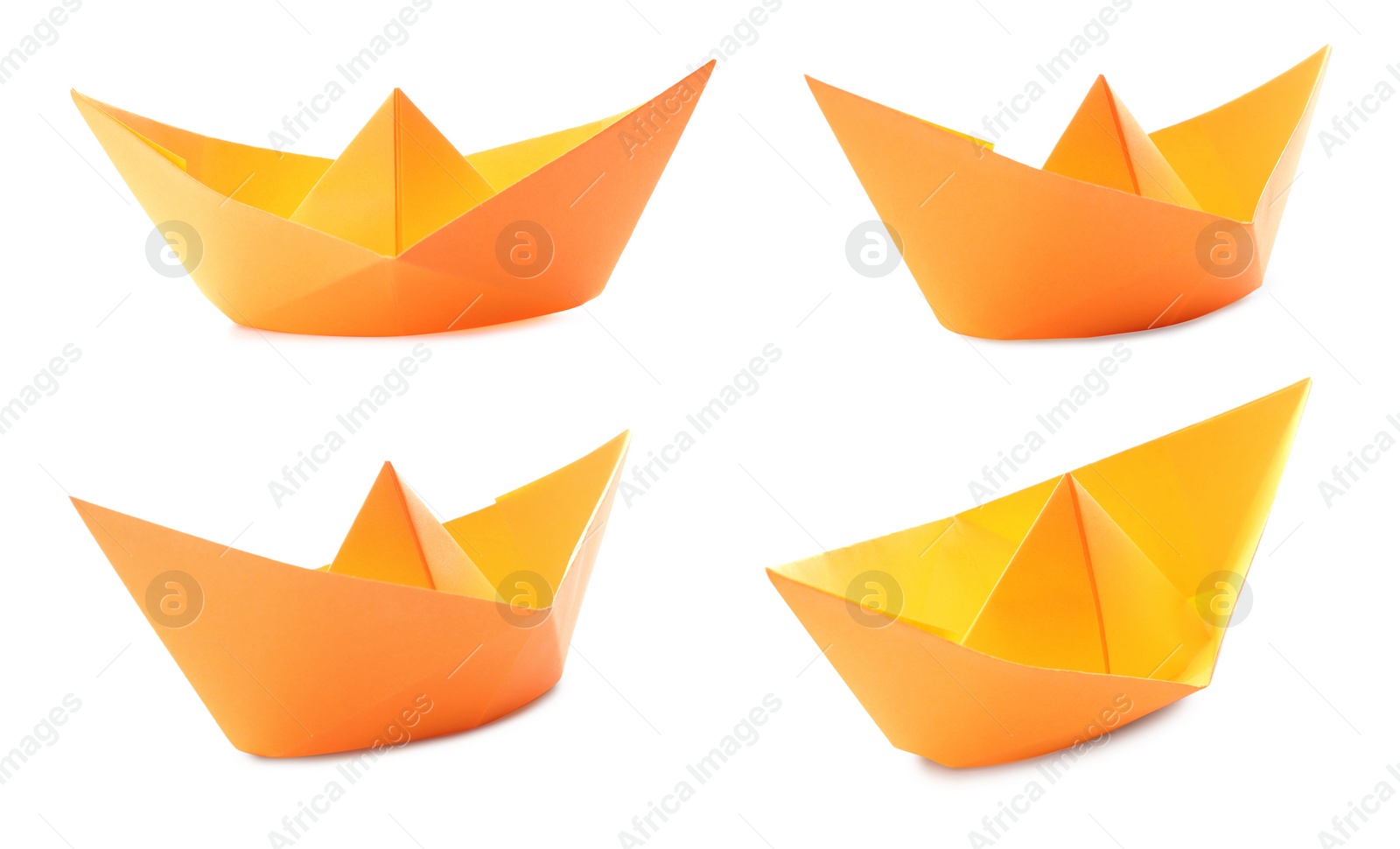 Image of Set with orange paper boats on white background