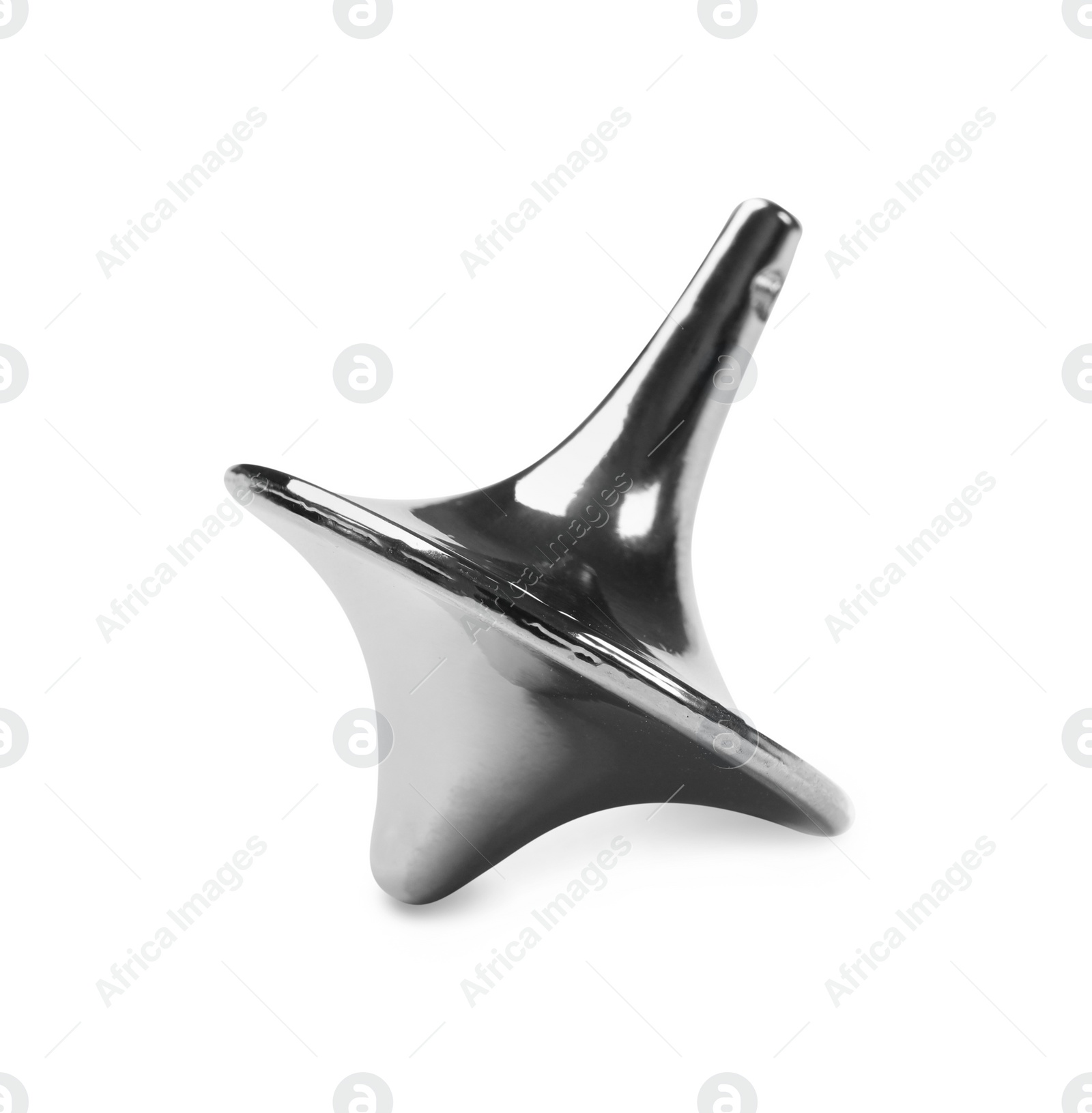 Photo of One silver spinning top on white background