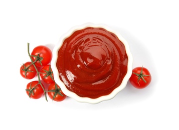 Photo of Tasty homemade tomato sauce in bowl and fresh vegetables on white background, top view