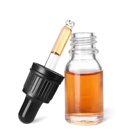 Photo of Cosmetic bottle and pipette with essential oil on white background