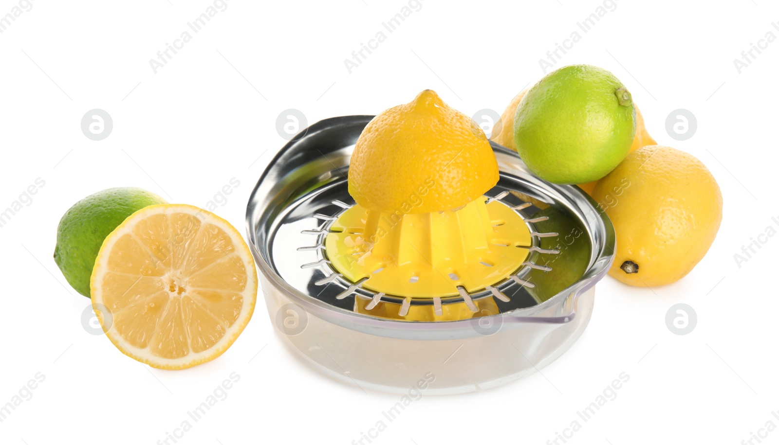 Photo of Metal juicer, fresh lime and lemons on white background
