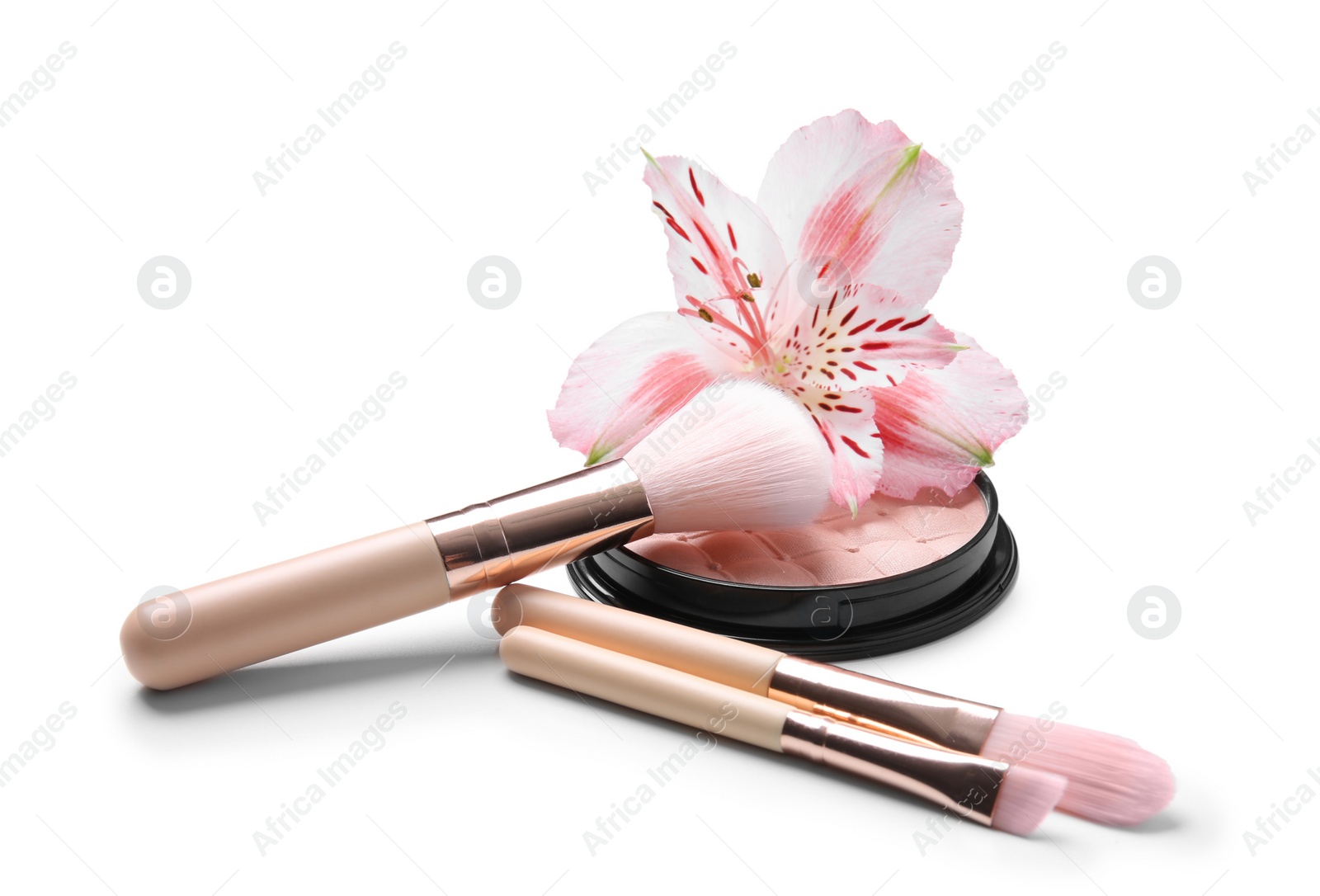 Photo of Face powder with makeup brushes on white background