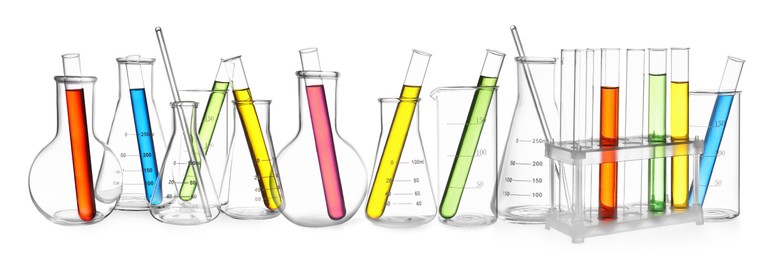 Set of different laboratory glassware isolated on white