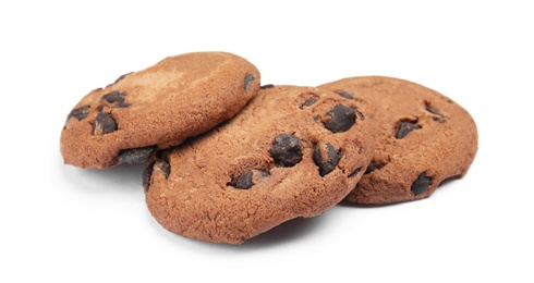 Delicious chocolate chip cookies on white background