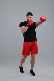 Man in boxing gloves fighting on grey background