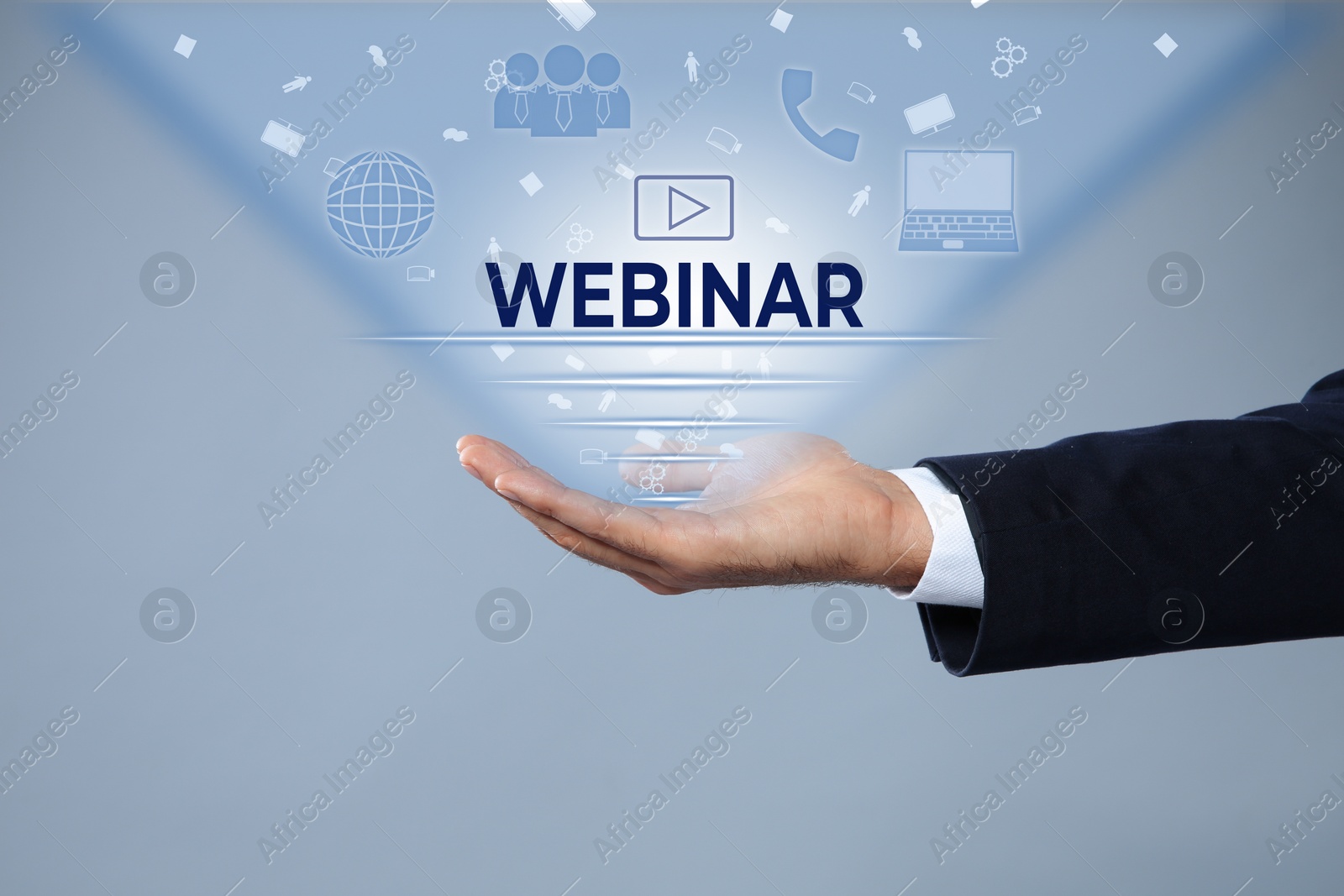 Image of Webinar concept. Closeup view of man and different virtual icons on light grey background