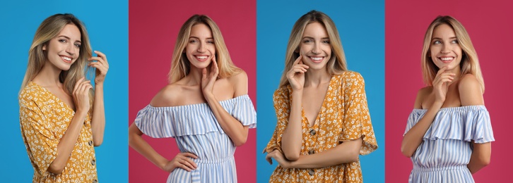 Collage with photos of young woman wearing different dresses on bright backgrounds