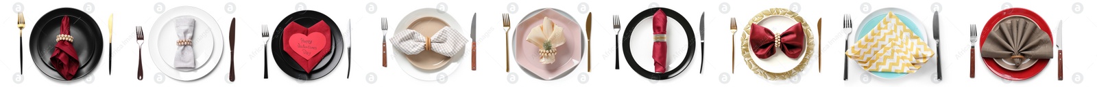 Image of Set with examples of different beautiful table settings on white background, top view. Banner design