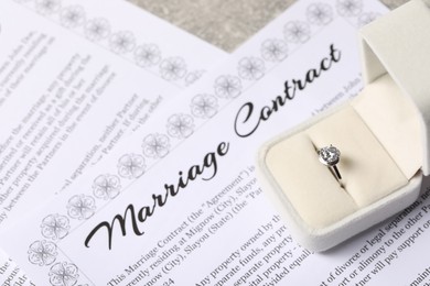 Photo of Marriage contract and ring with gemstone on table