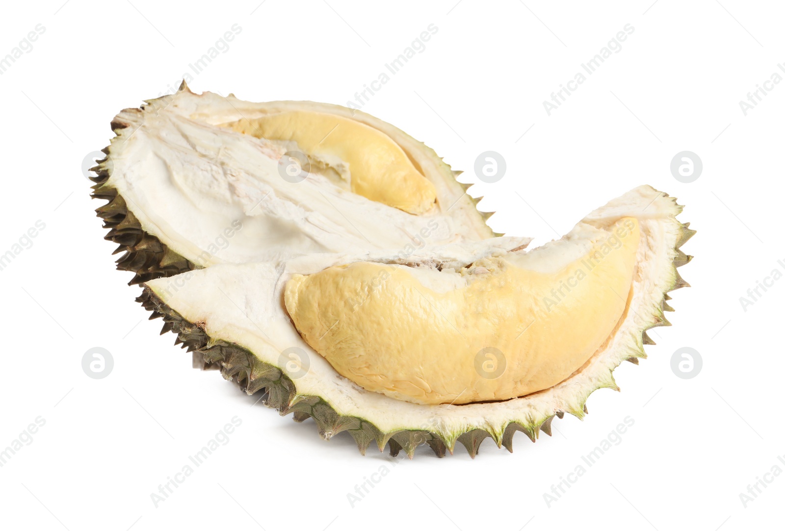 Photo of Cut fresh ripe durian on white background