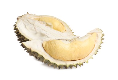 Cut fresh ripe durian on white background