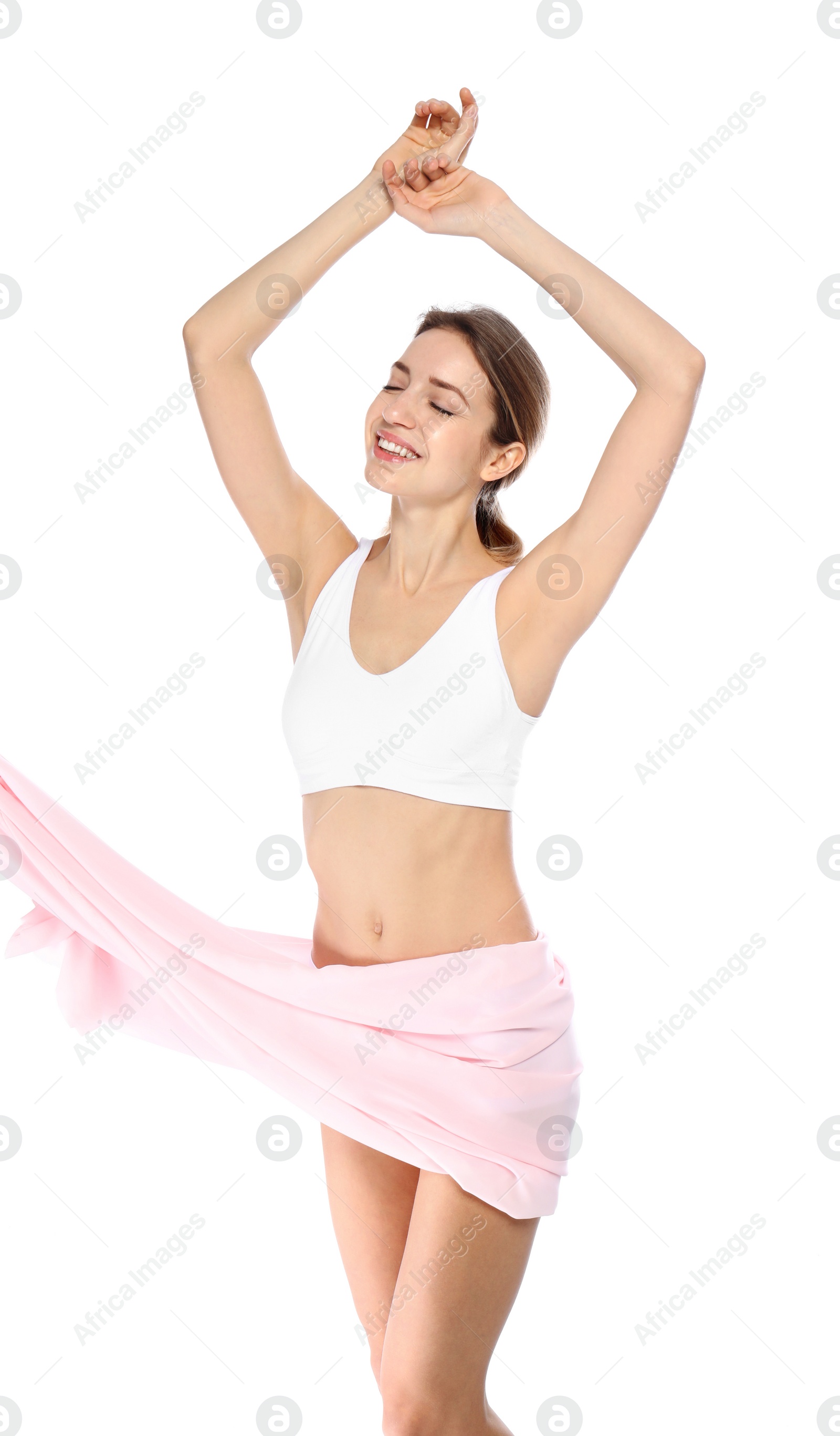 Photo of Young woman with soft fabric on white background. Beauty and body care