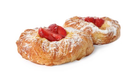 Photo of Danish pastries with strawberries isolated on white