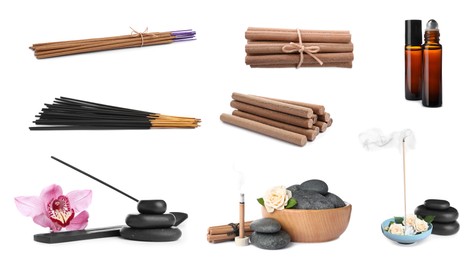 Image of Incense sticks and other items for aromatherapy on white background, collage 