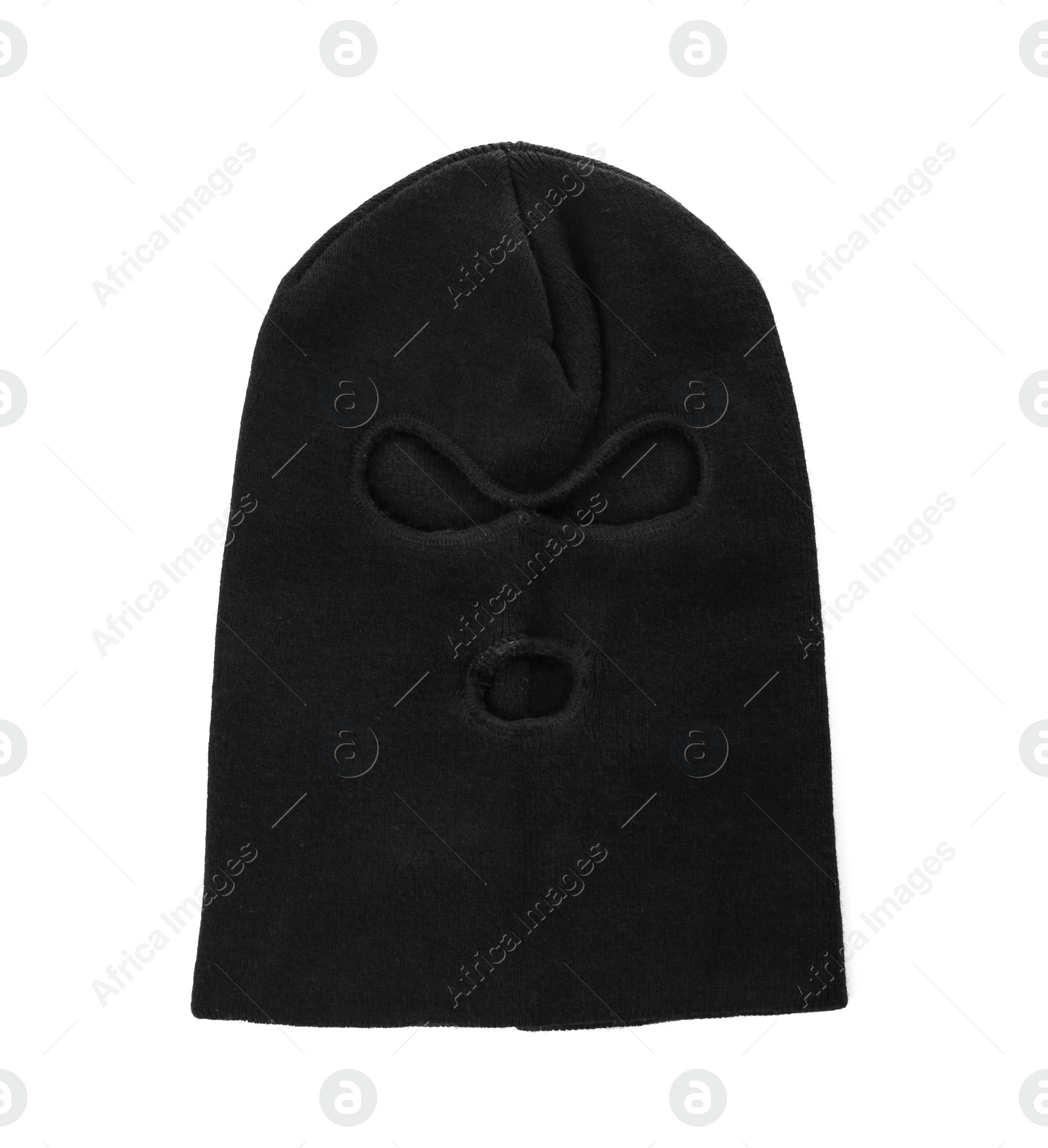 Photo of Black knitted balaclava isolated on white, top view