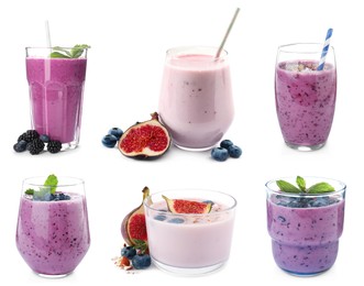 Image of Set with delicious blueberry smoothies on white background