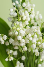 Photo of Beautiful lily of the valley flowers on light green background, closeup