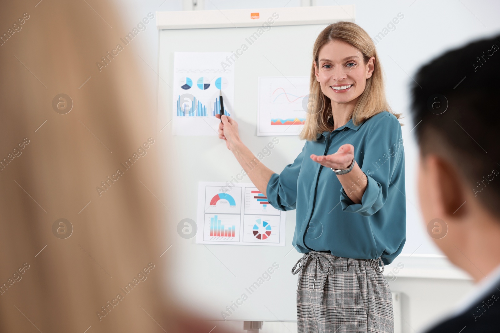 Photo of Businesswoman showing charts near flipchart on meeting in office