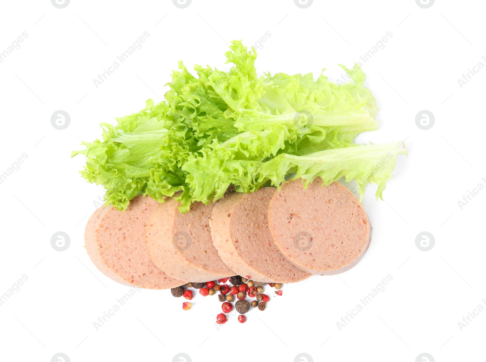 Photo of Slices of delicious liver sausage, lettuce and peppercorns on white background, top view