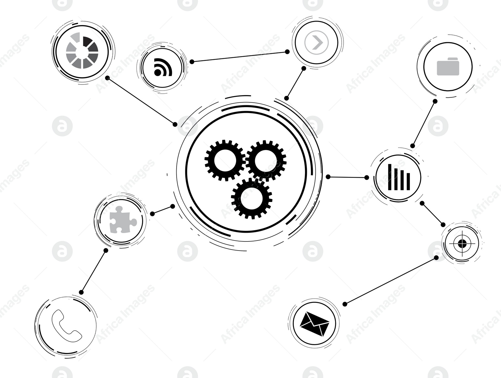 Illustration of Set of linked icons and gear mechanism on white background