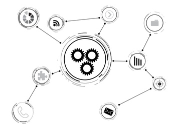 Set of linked icons and gear mechanism on white background