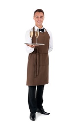 Photo of Waiter holding metal tray with glasses of champagne on white background