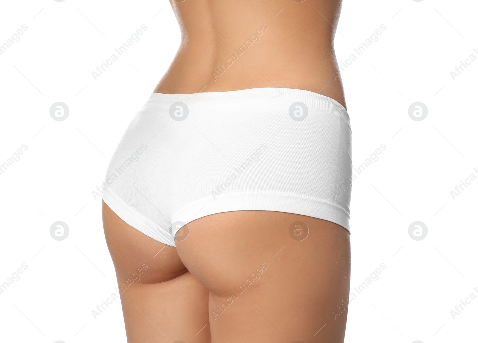 Photo of Young woman with slim body isolated on white, closeup. Plastic surgery concept