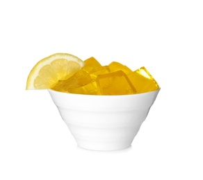 Photo of Bowl with tasty jelly cubes isolated on white