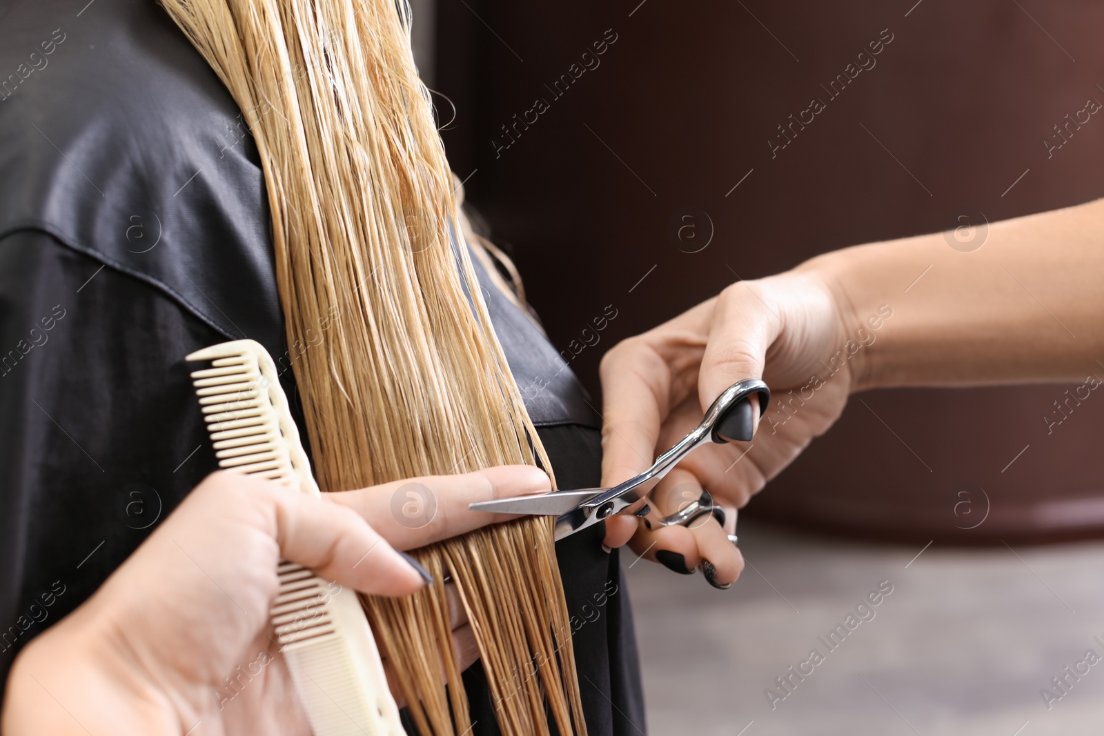 Photo of Professional hairdresser cutting woman's hair in salon, closeup