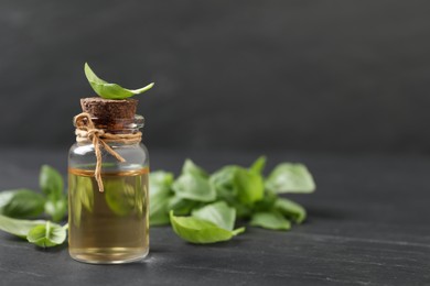 Photo of Bottle of essential basil oil and fresh leaves on dark grey table, space for text