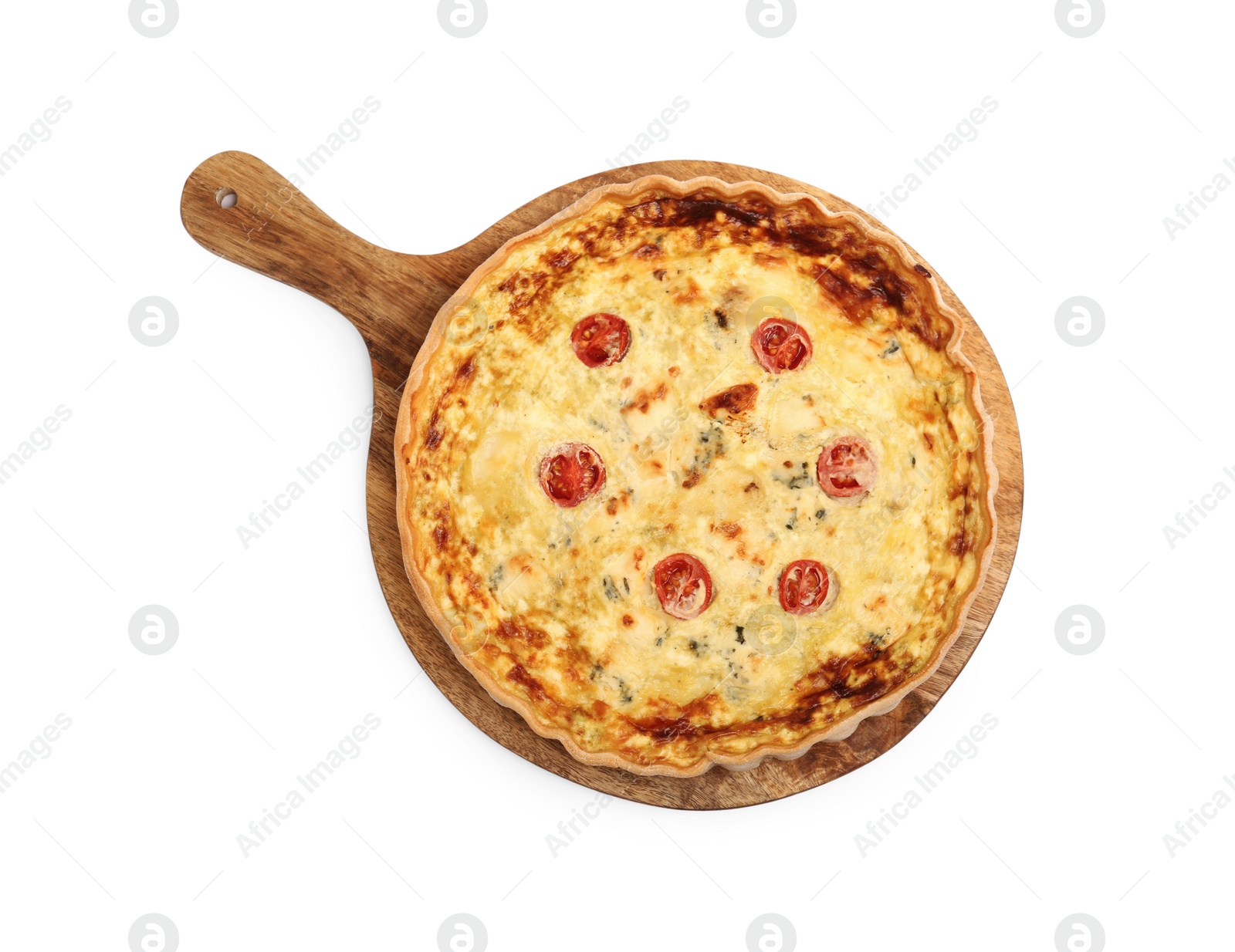 Photo of Delicious quiche with cheese and tomatoes isolated on white, top view