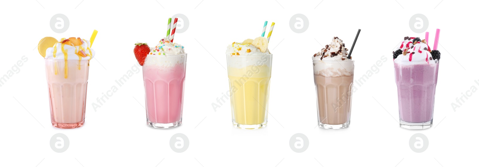 Image of Set of glasses with different protein shakes on white background. Banner design