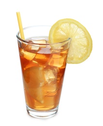 Photo of Glass of tasty iced tea with lemon and straw on white background