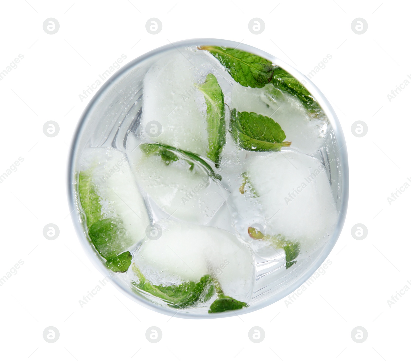 Photo of Glass of drink with mint and ice cubes on white background, top view