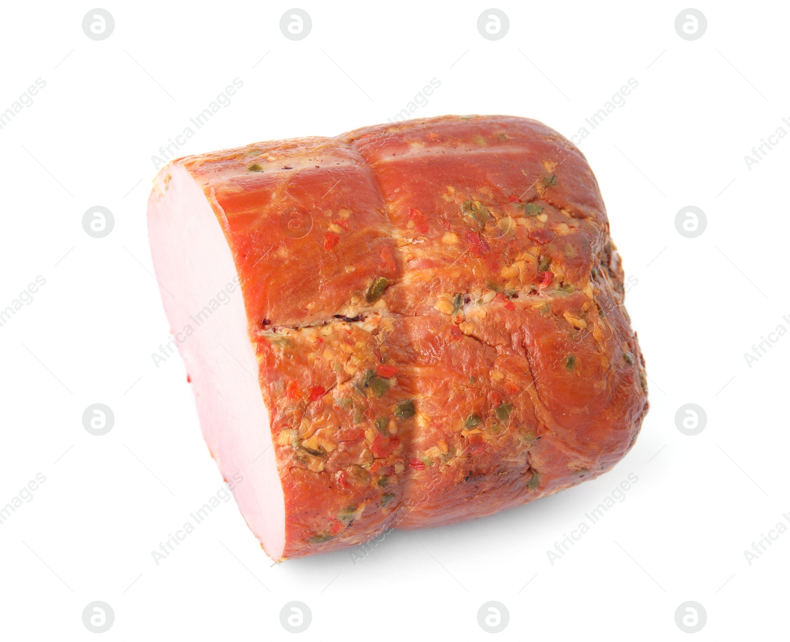 Photo of Smoked homemade delicious ham on white background