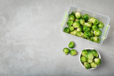 Flat lay composition with frozen brussel sprouts on light background. Vegetable preservation