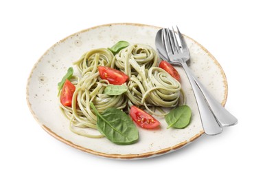 Photo of Tasty pasta with spinach, tomatoes and cutlery isolated on white