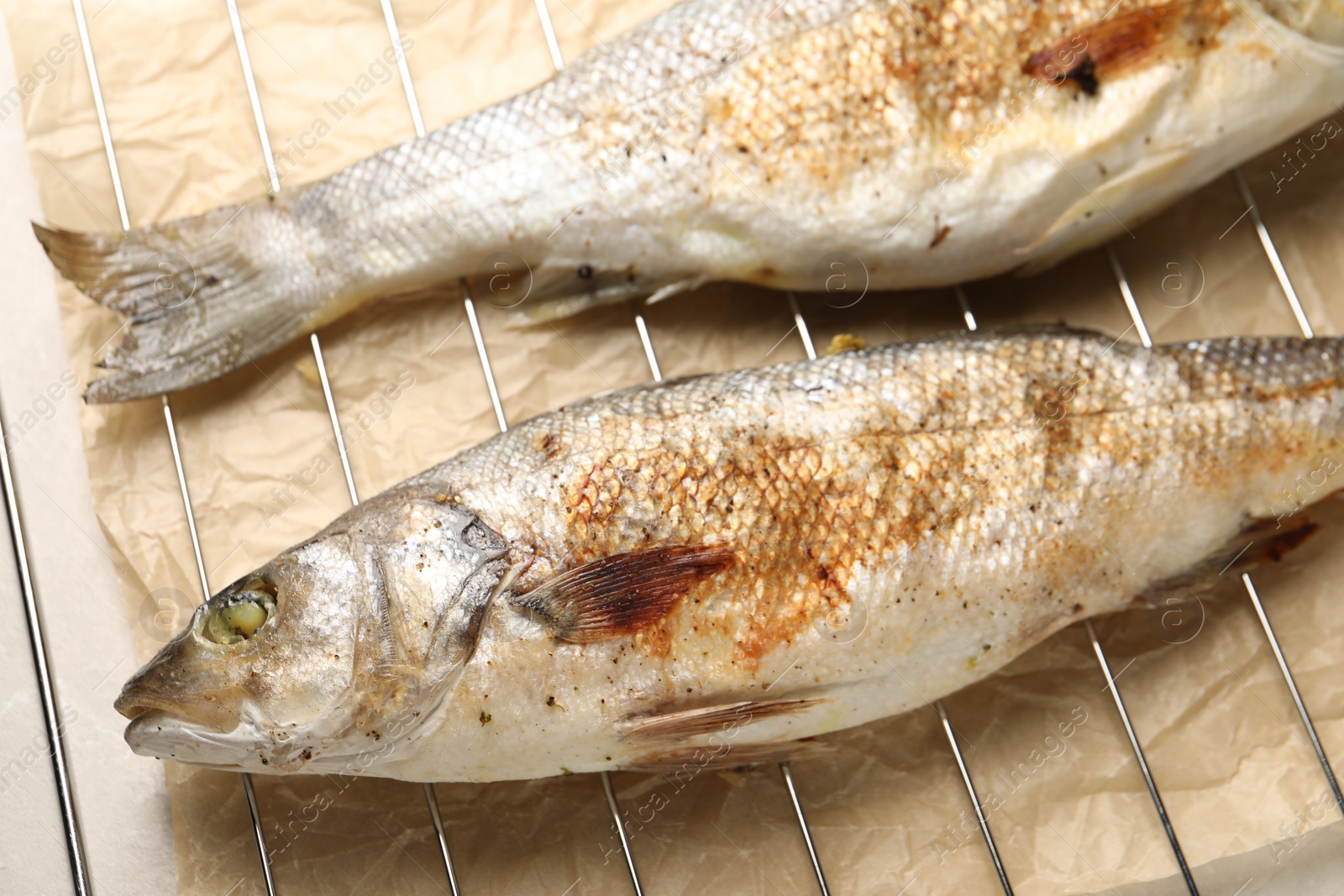 Photo of Baked fish on cooling rack, closeup view