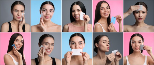 Image of Collage with photos of beautiful women using mattifying wipes on different color backgrounds. Banner design