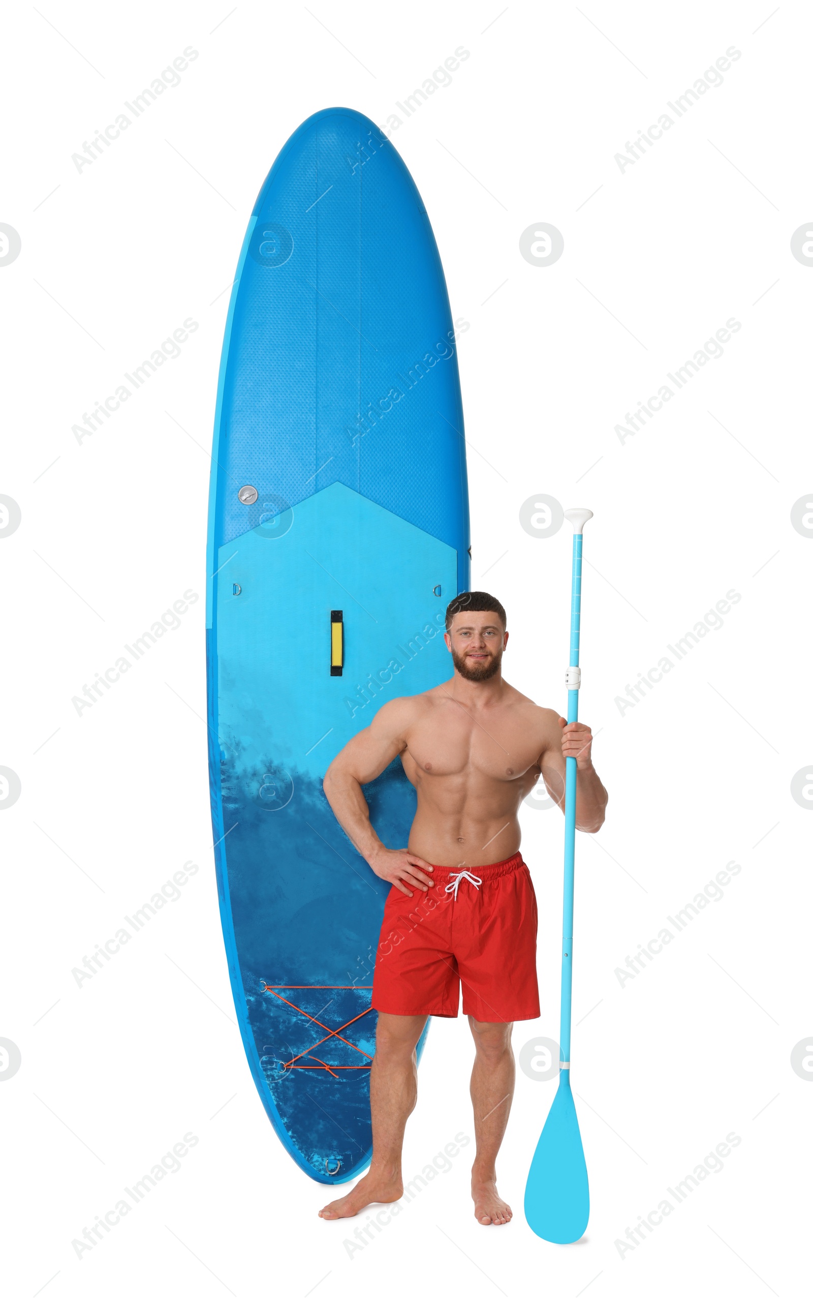 Photo of Happy man with blue SUP board and paddle on white background