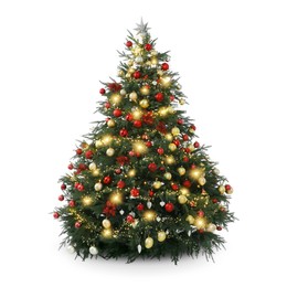 Image of Christmas tree decorated with ornaments and festive lights isolated on white