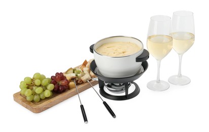 Fondue with tasty melted cheese, forks, different snacks and wine isolated on white