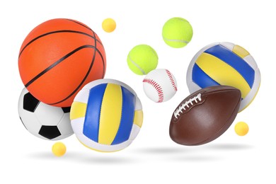 Image of Many balls for different sports flying on white background