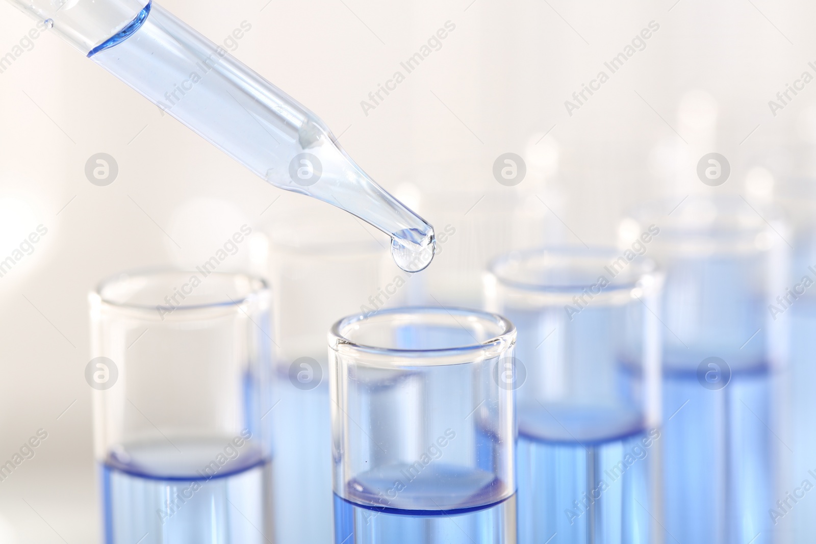 Photo of Laboratory analysis. Dripping light blue liquid from pipette into glass test tube on blurred background, closeup