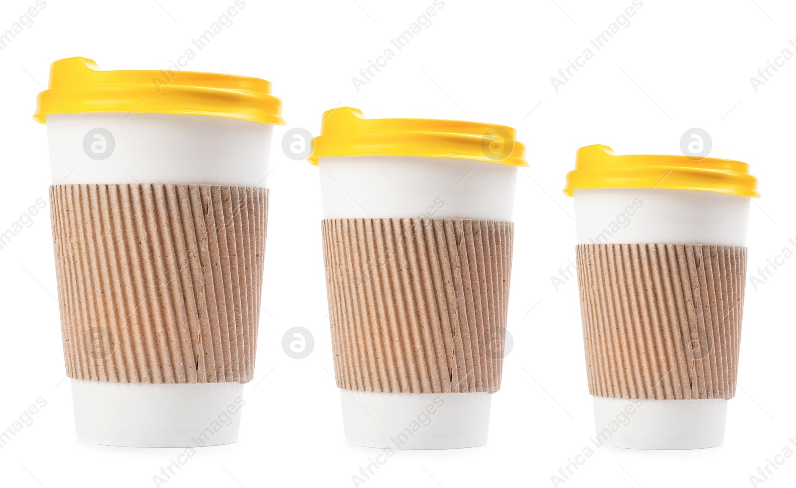 Image of Paper coffee cups of different sizes on white background, collage