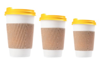 Paper coffee cups of different sizes on white background, collage