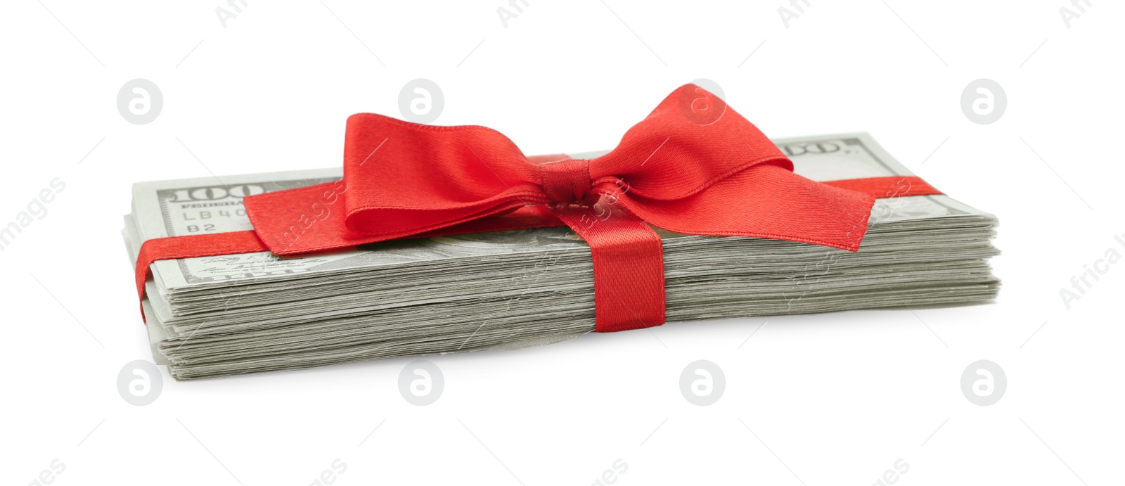 Photo of Stack of dollar banknotes with red ribbon isolated on white