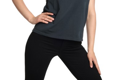 Photo of Woman wearing stylish black jeans on white background, closeup