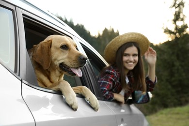 Photo of Adorable dog and happy woman looking out from car window in mountains. Traveling with pet